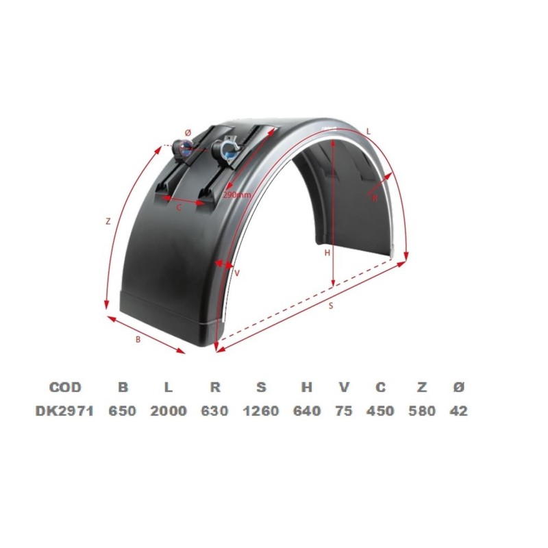 MUDGUARD 650X2000X1260 WITH INTEGRATED ADJUSTABLE BRACK